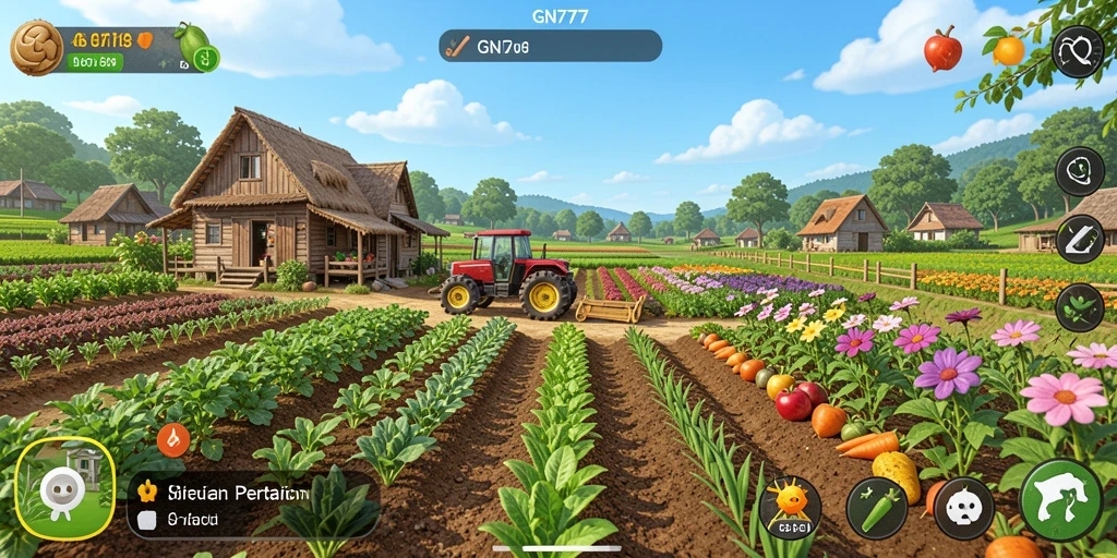 Tangkapan layar gameplay GN777 yang menunjukkan ladang penuh tanaman hijau.