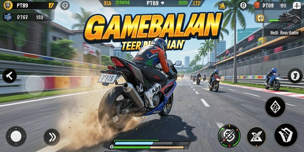 Tangkapan layar permainan PT89 yang menunjukkan aksi balapan motor.