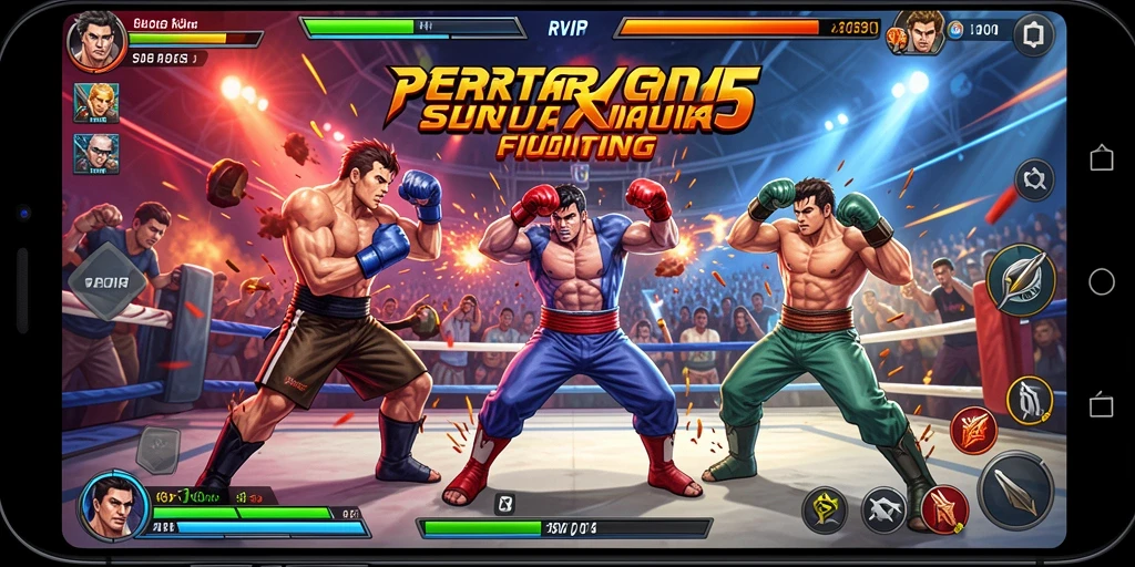 Screenshot utama RVIP5 menampilkan karakter bertarung dalam arena yang megah.